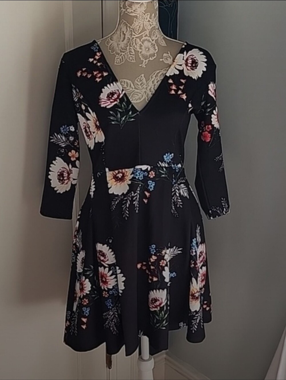 Black Floral V-Neck Long Sleeve Fit & Flare Dress